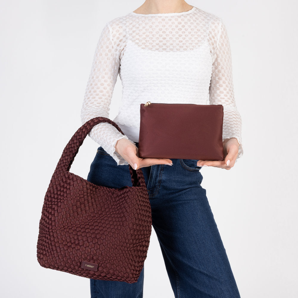 Rieker H1044-35 Burgundy Woven Handbag with Matching Pouch, lifestyle view 6 of 6.