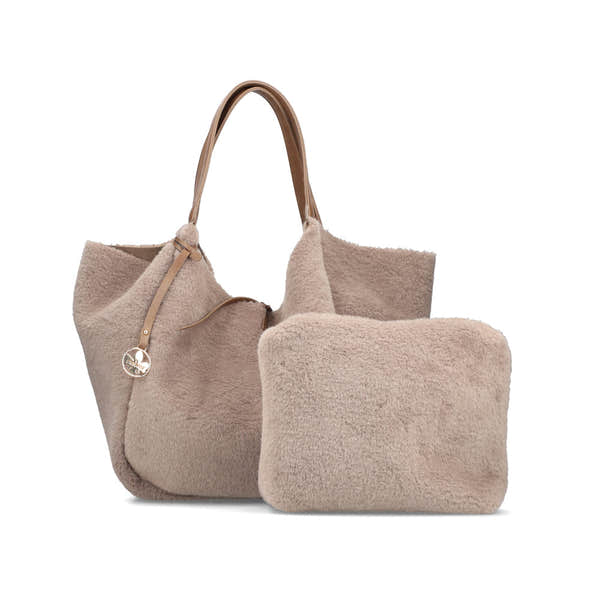 Rieker H1053-64 Taupe Faux Fur Shopper Bag with Matching Pouch, front three-quarter view.