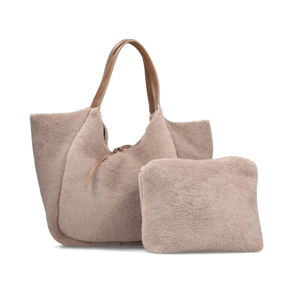 Rieker H1053-64 Taupe Faux Fur Shopper Bag with Matching Pouch, outer side view.