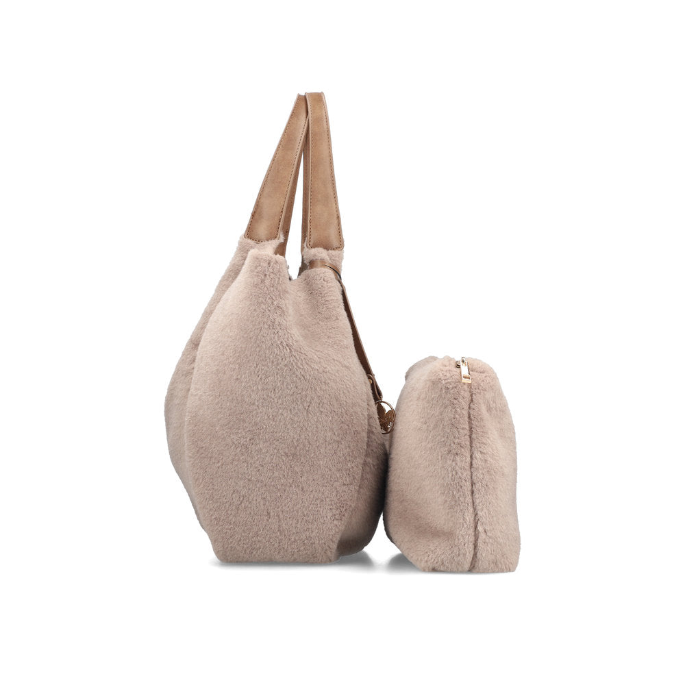 Rieker H1053-64 Taupe Faux Fur Shopper Bag with Matching Pouch, rear three-quarter view.