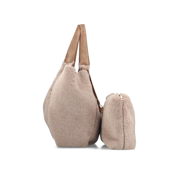Rieker H1053-64 Taupe Faux Fur Shopper Bag with Matching Pouch, rear three-quarter view.