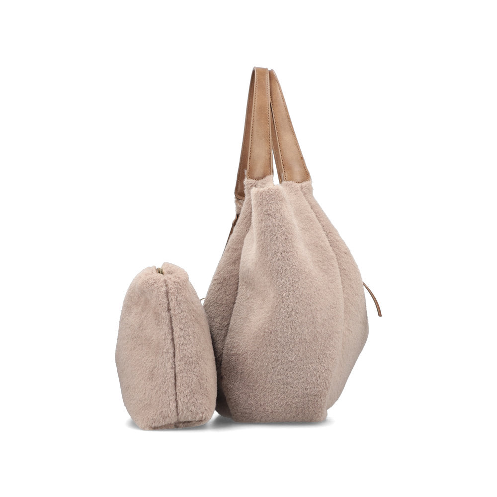 Rieker H1053-64 Taupe Faux Fur Shopper Bag with Matching Pouch, top view.