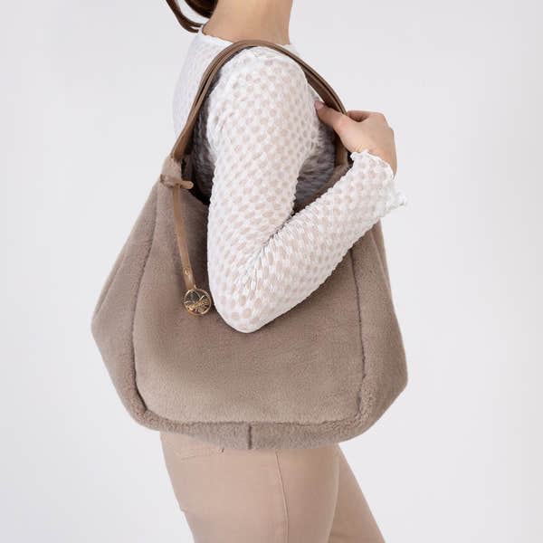 Rieker H1053-64 Taupe Faux Fur Shopper Bag with Matching Pouch, front view.