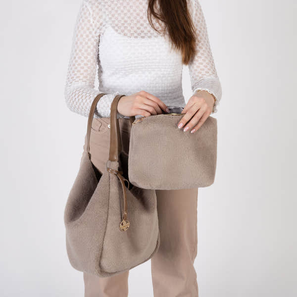 Rieker H1053-64 Taupe Faux Fur Shopper Bag with Matching Pouch, lifestyle view 5 of 6.