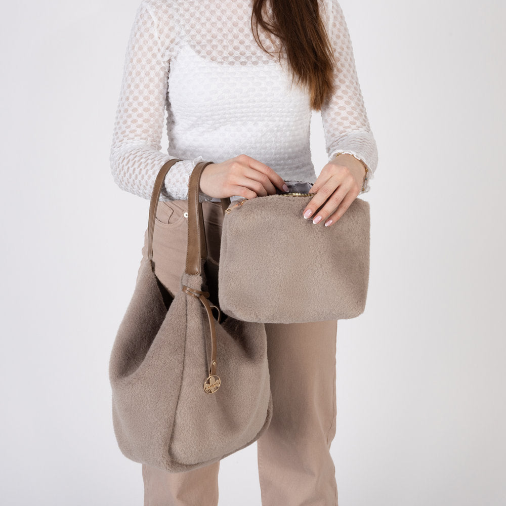 Rieker H1053-64 Taupe Faux Fur Shopper Bag with Matching Pouch, lifestyle view 6 of 6.