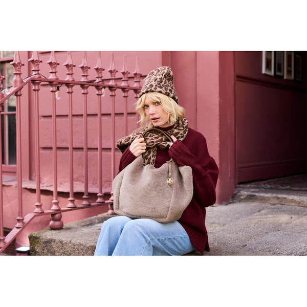 Rieker H1053-64 Taupe Faux Fur Shopper Bag with Matching Pouch, lifestyle view 2 of 6.