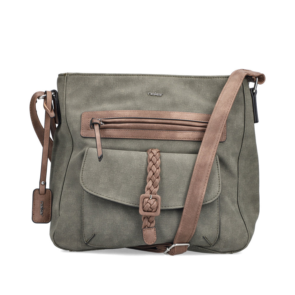 Rieker H1340-54 Khaki/Brown Handbag w/Zip, front three-quarter view.