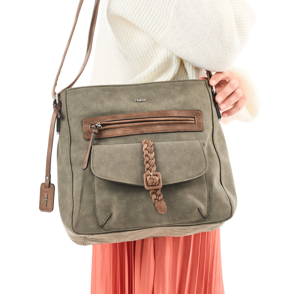 Rieker H1340-54 Khaki/Brown Handbag w/Zip, front view.