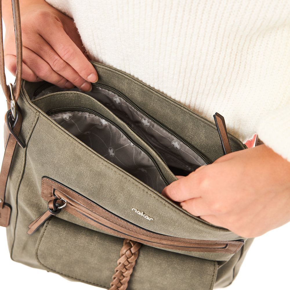 Rieker H1340-54 Khaki/Brown Handbag w/Zip, lifestyle view 5 of 6.