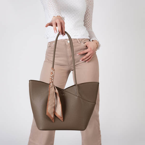 Rieker H1559-65 Taupe Shopper Bag with Matching Pouch, front view.