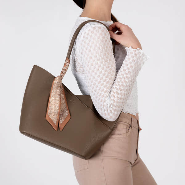 Rieker H1559-65 Taupe Shopper Bag with Matching Pouch, lifestyle view 5 of 5.