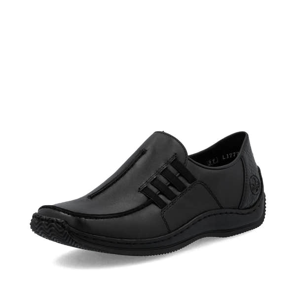 Rieker L1777-00 women's black leather slip on shoes, front three-quarter view.