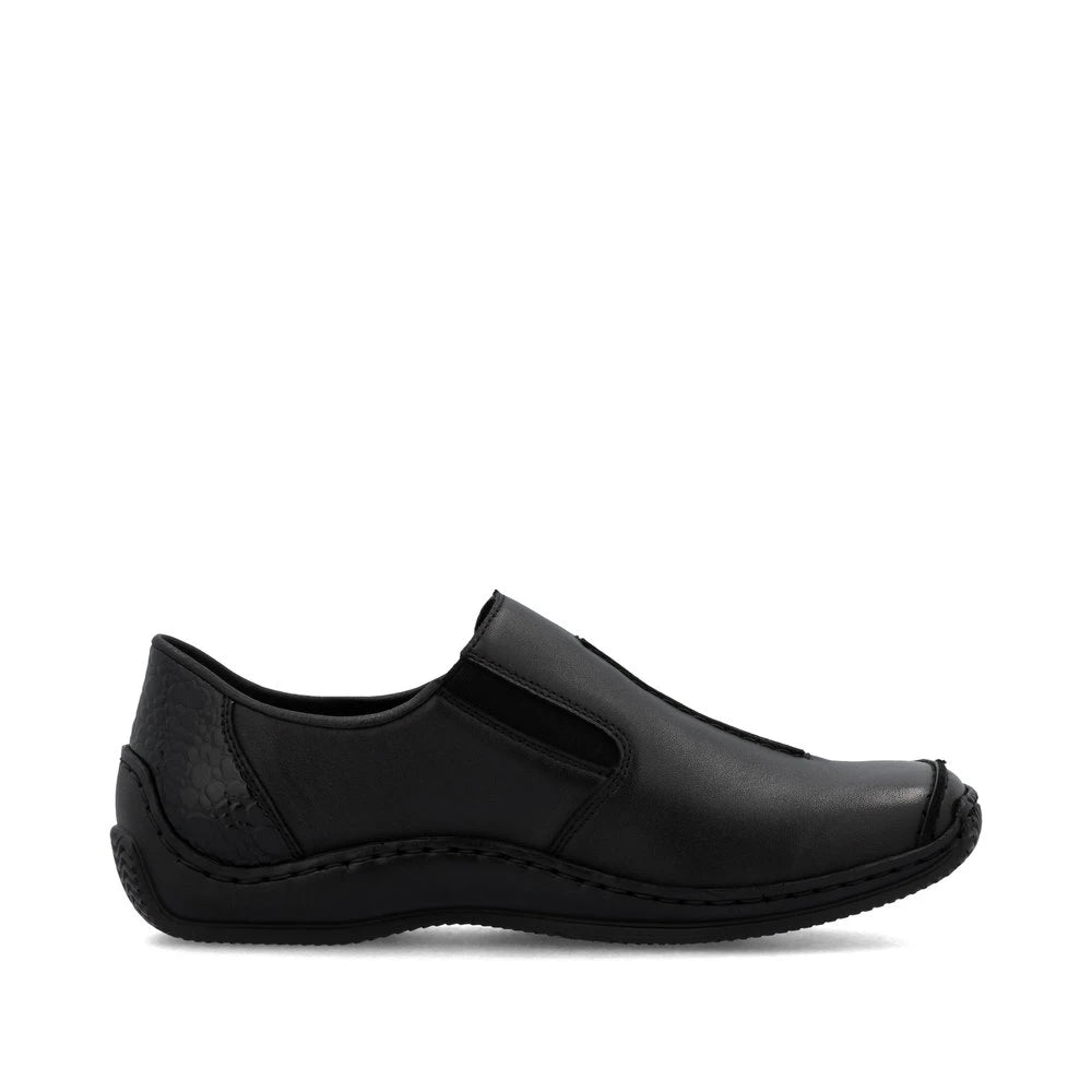 Rieker L1777-00 women's black leather slip on shoes, outer side view.