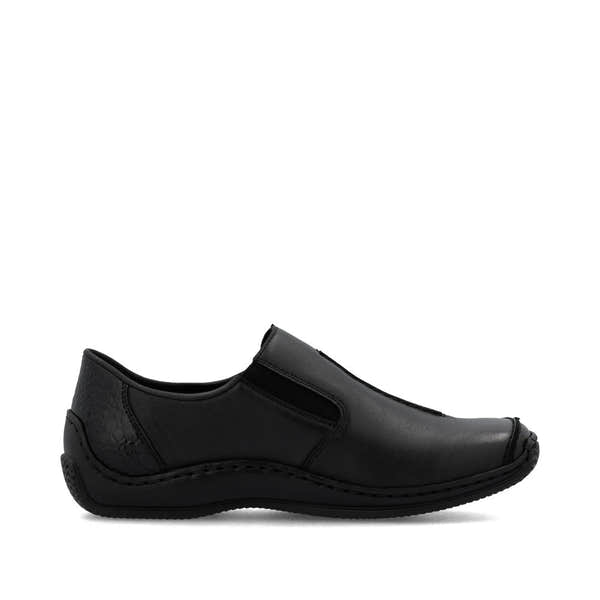 Rieker L1777-00 women's black leather slip on shoes, outer side view.
