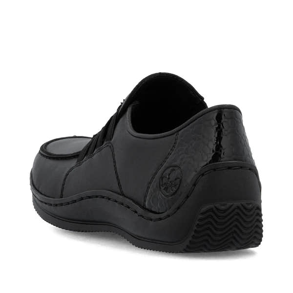 Rieker L1777-00 women's black leather slip on shoes, rear three-quarter view.