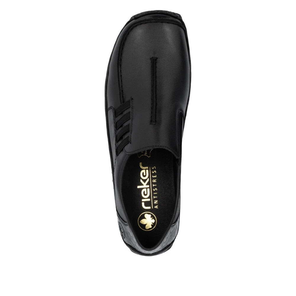 Rieker L1777-00 women's black leather slip on shoes, top view.
