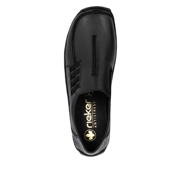 Rieker L1777-00 women's black leather slip on shoes, top view.