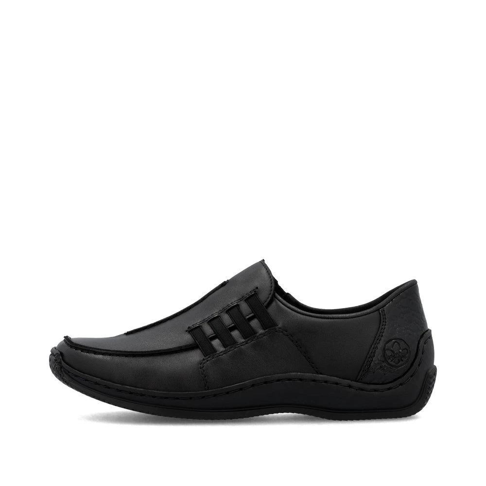 Rieker L1777-00 women's black leather slip on shoes, inner side view.
