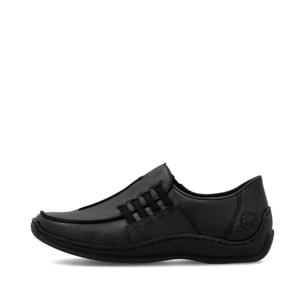 Rieker L1777-00 women's black leather slip on shoes, inner side view.