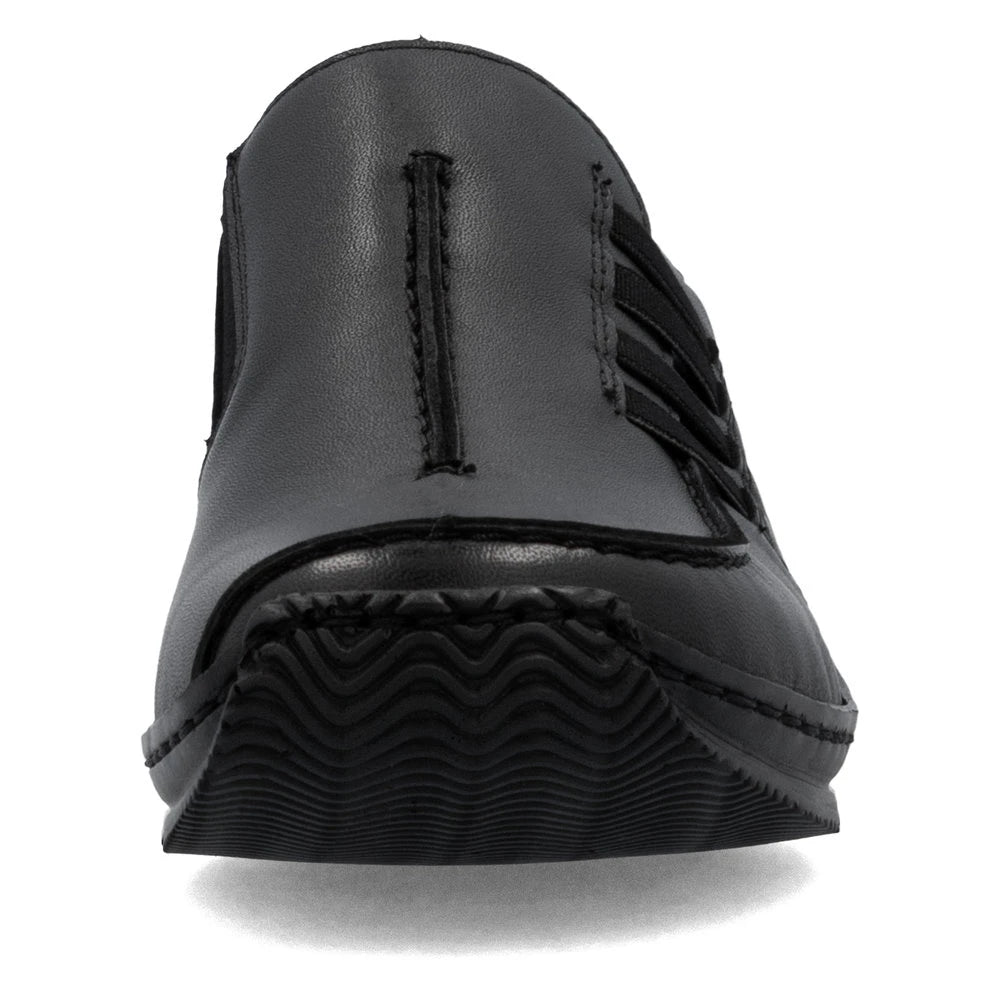 Rieker L1777-00 women's black leather slip on shoes, front view.