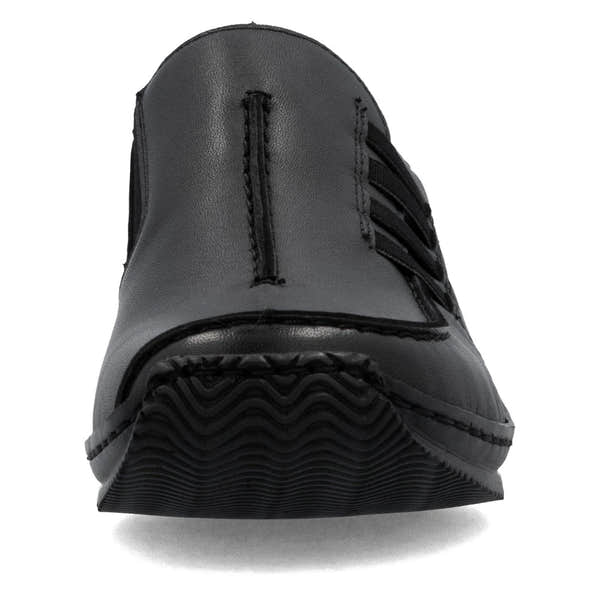 Rieker L1777-00 women's black leather slip on shoes, front view.