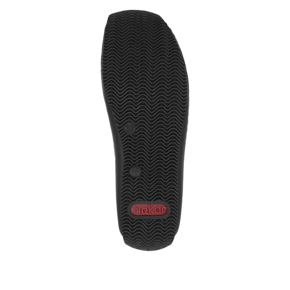 Rieker L1777-00 women's black leather slip on shoes, sole and tread view.
