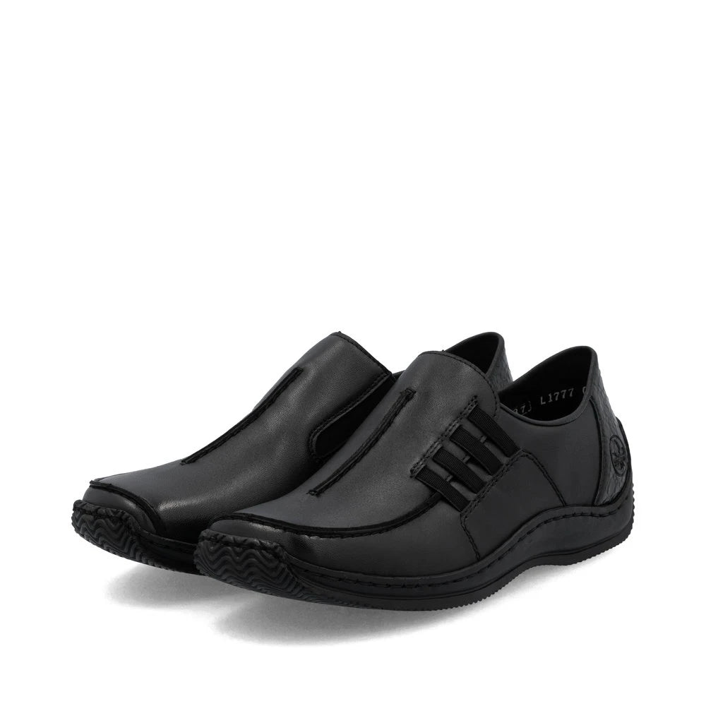 Rieker L1777-00 women's black leather slip on shoes, paired three-quarter view.