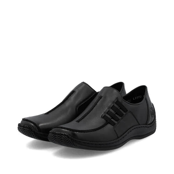 Rieker L1777-00 women's black leather slip on shoes, paired three-quarter view.