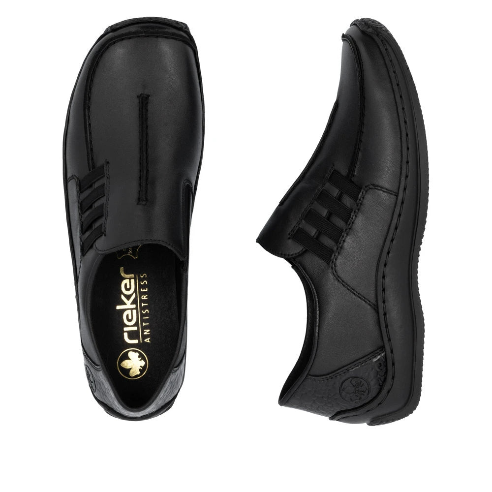 Rieker L1777-00 women's black leather slip on shoes, two-angle product view.