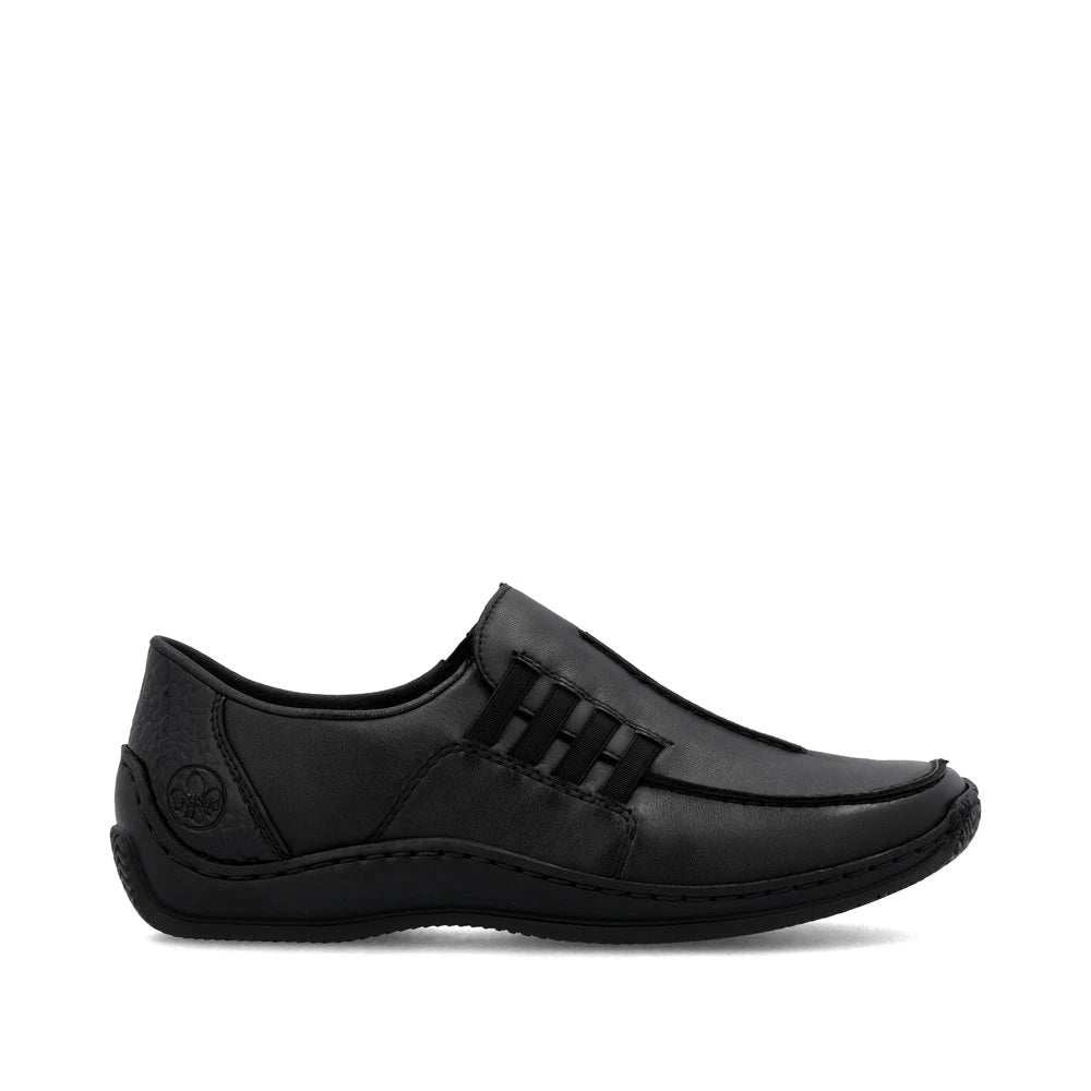Rieker L1777-00 women's black leather slip on shoes, opposite side view.