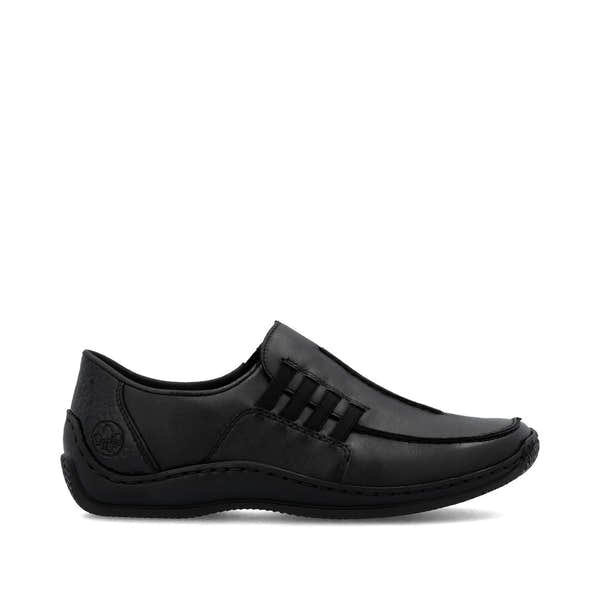 Rieker L1777-00 women's black leather slip on shoes, opposite side view.