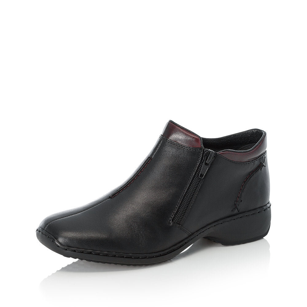 Rieker L3882-00 women's black leather zip up ankle boots, front three-quarter view.