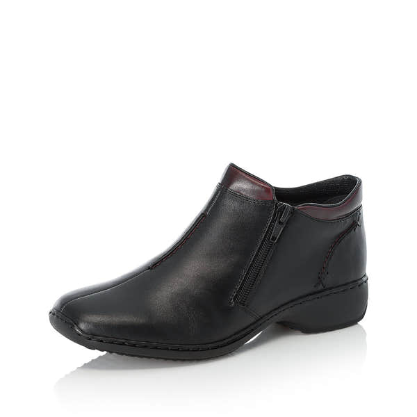 Rieker L3882-00 women's black leather zip up ankle boots, front three-quarter view.