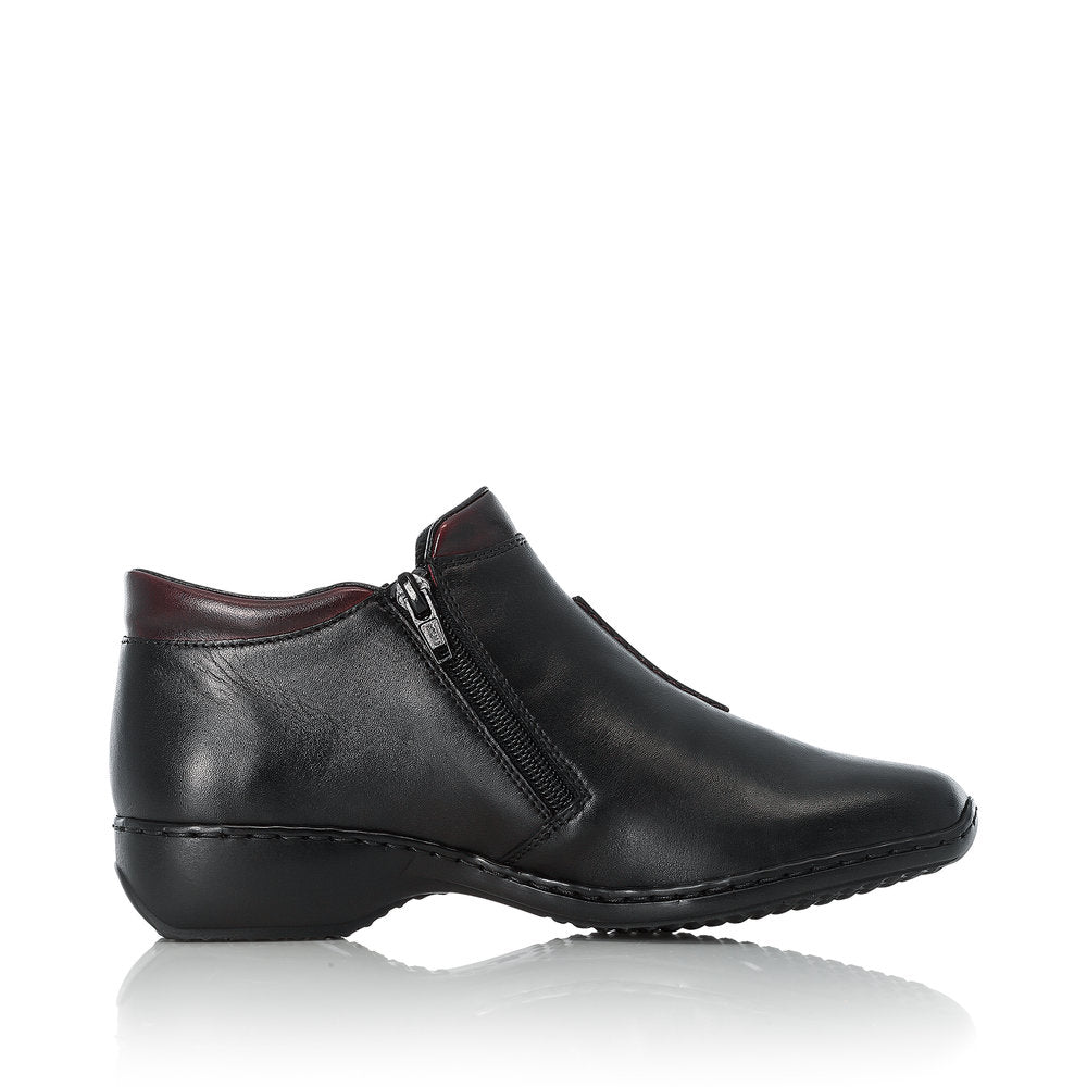 Rieker L3882-00 women's black leather zip up ankle boots, outer side view.