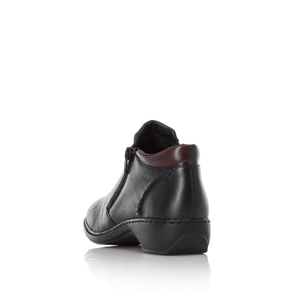 Rieker L3882-00 women's black leather zip up ankle boots, rear three-quarter view.