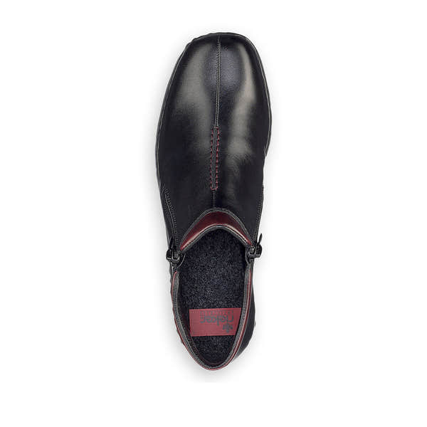 Rieker L3882-00 women's black leather zip up ankle boots, top view.