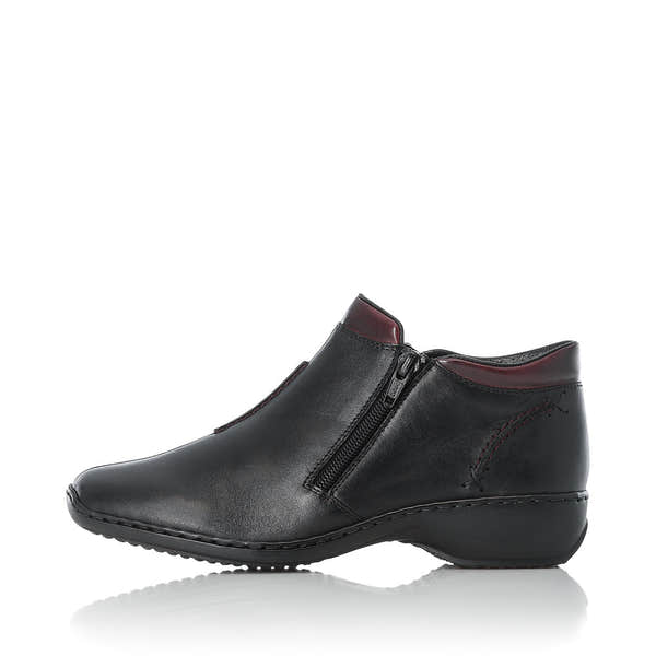 Rieker L3882-00 women's black leather zip up ankle boots, inner side view.
