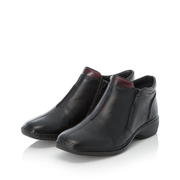 Rieker L3882-00 women's black leather zip up ankle boots, paired three-quarter view.