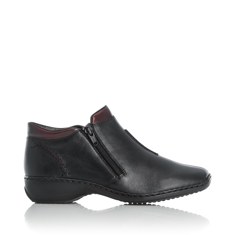 Rieker L3882-00 women's black leather zip up ankle boots, opposite side view.