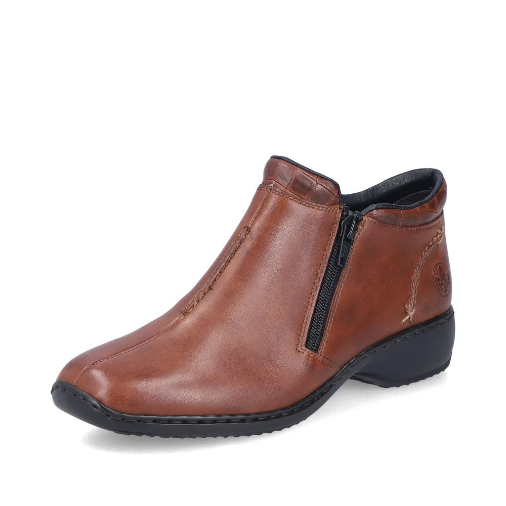 Rieker L3882-24 women's brown leather twin zip ankle boots, front three-quarter view.