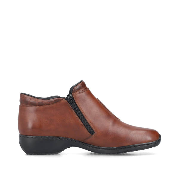 Rieker L3882-24 women's brown leather twin zip ankle boots, outer side view.