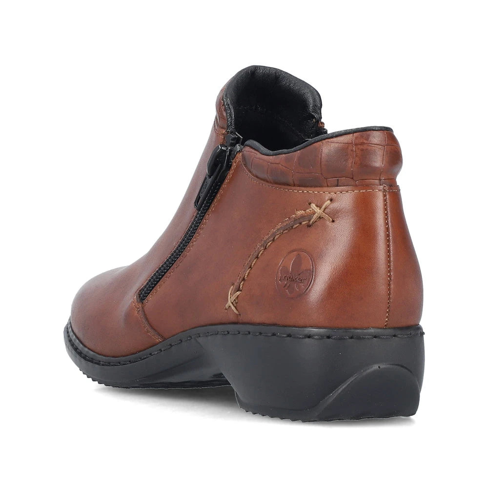 Rieker L3882-24 women's brown leather twin zip ankle boots, rear three-quarter view.