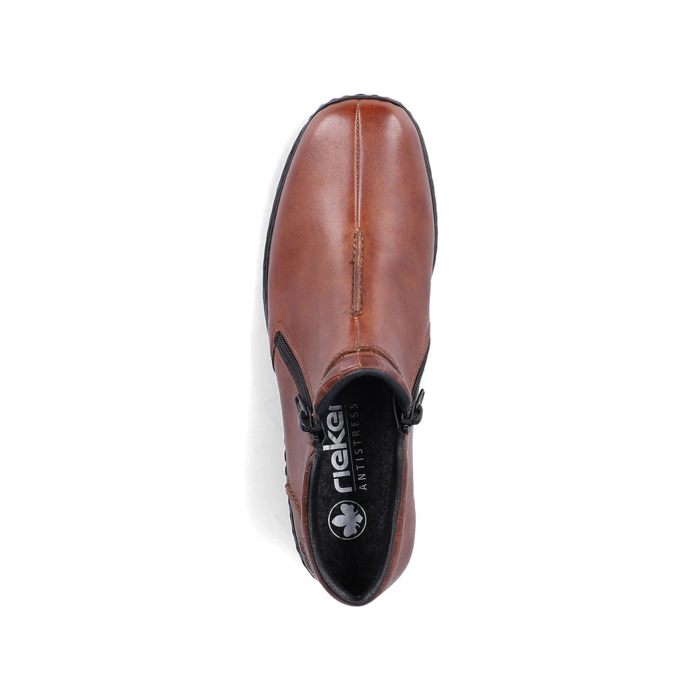Rieker L3882-24 women's brown leather twin zip ankle boots, top view.