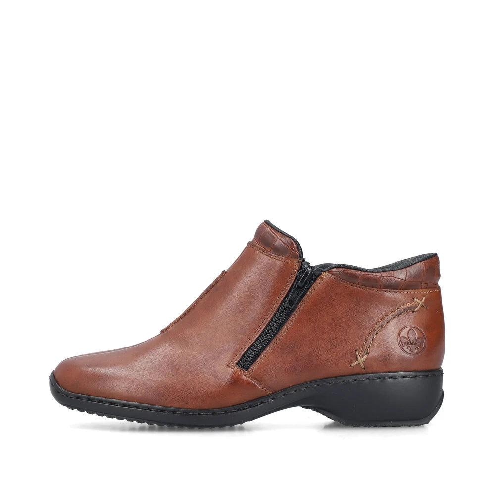 Rieker L3882-24 women's brown leather twin zip ankle boots, inner side view.