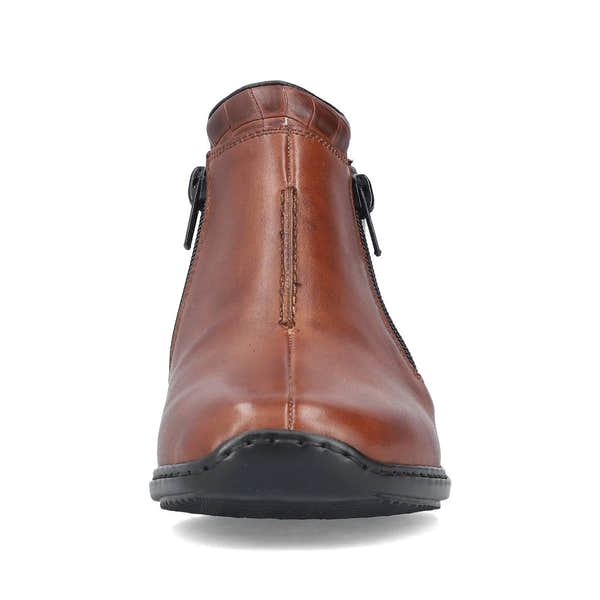 Rieker L3882-24 women's brown leather twin zip ankle boots, front view.