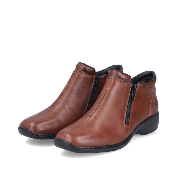 Rieker L3882-24 women's brown leather twin zip ankle boots, paired three-quarter view.