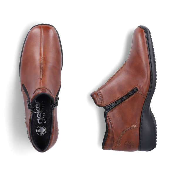 Rieker L3882-24 women's brown leather twin zip ankle boots, two-angle product view.