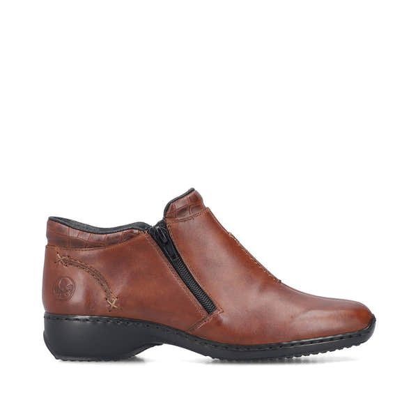 Rieker L3882-24 women's brown leather twin zip ankle boots, opposite side view.