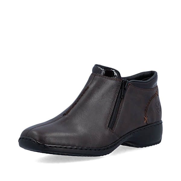 Rieker L3882-25 women's narrow brown leather side zip ankle boots, front three-quarter view.