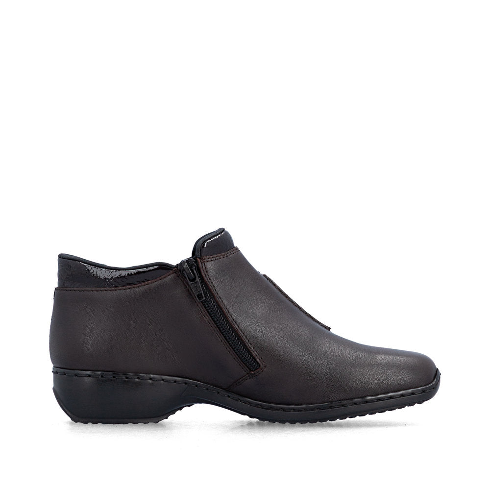 Rieker L3882-25 women's narrow brown leather side zip ankle boots, outer side view.